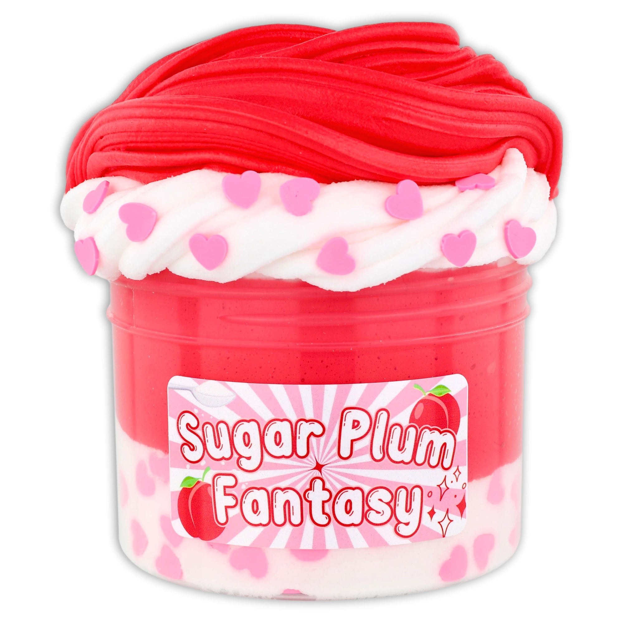 Experience Sugar Plum Fantasy, a brand new ice cream / butter hybrid textured slime! Satisfy your sweet tooth with a layer of white ice cream slime, rolled in pink hearts, and topped with a ruby butter slime that smells like a sweet sugar berry plum dessert! Mixes into a soft, dense and smooth clay slime texture you won't be able to put down!