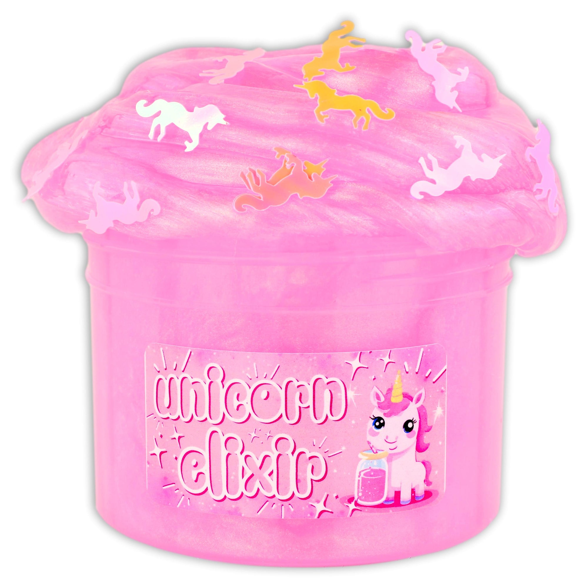 Unleash your inner unicorn with Unicorn Elixir! This pink pigmented clear slime not only sparkles with magical color shifts, but it's also topped with unicorn glitter for an extra touch of enchantment. Experience the magic for yourself! Unscented.