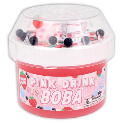 Pink drink boba slime with a clear lid on a white background
