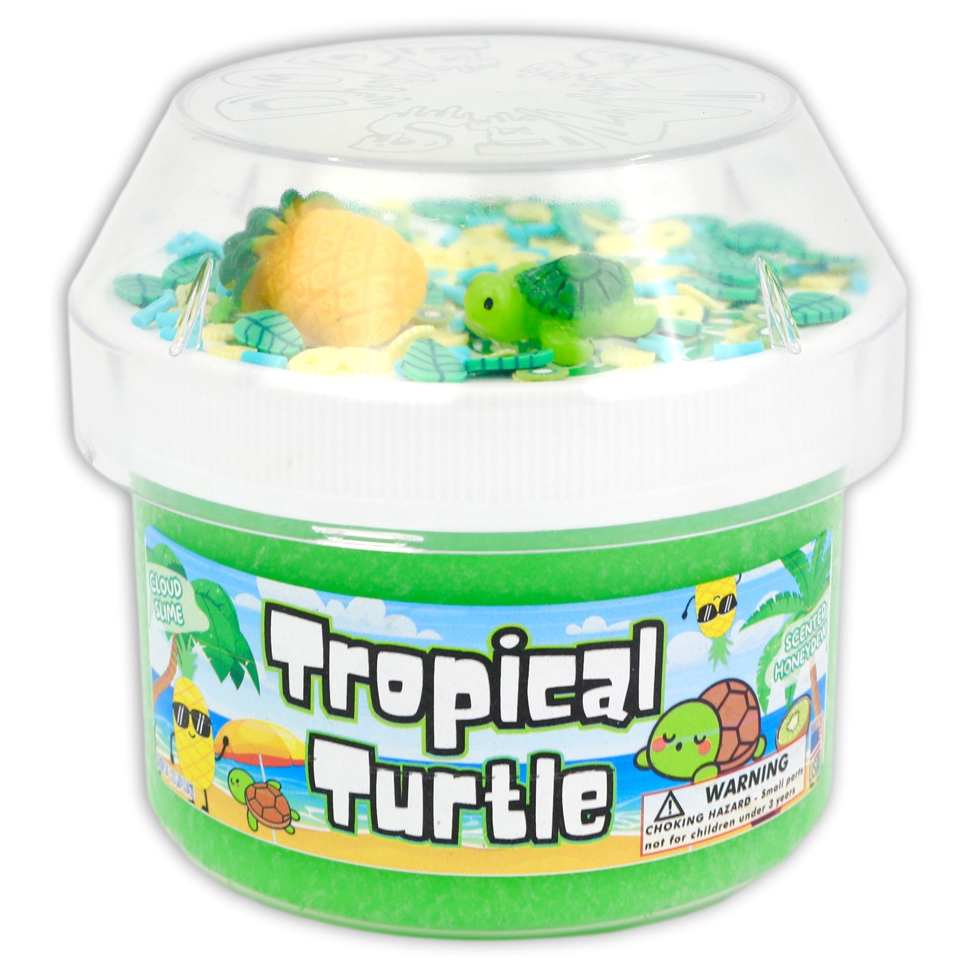 Tropical Turtle slime in a clear container with a colorful label on a white background
