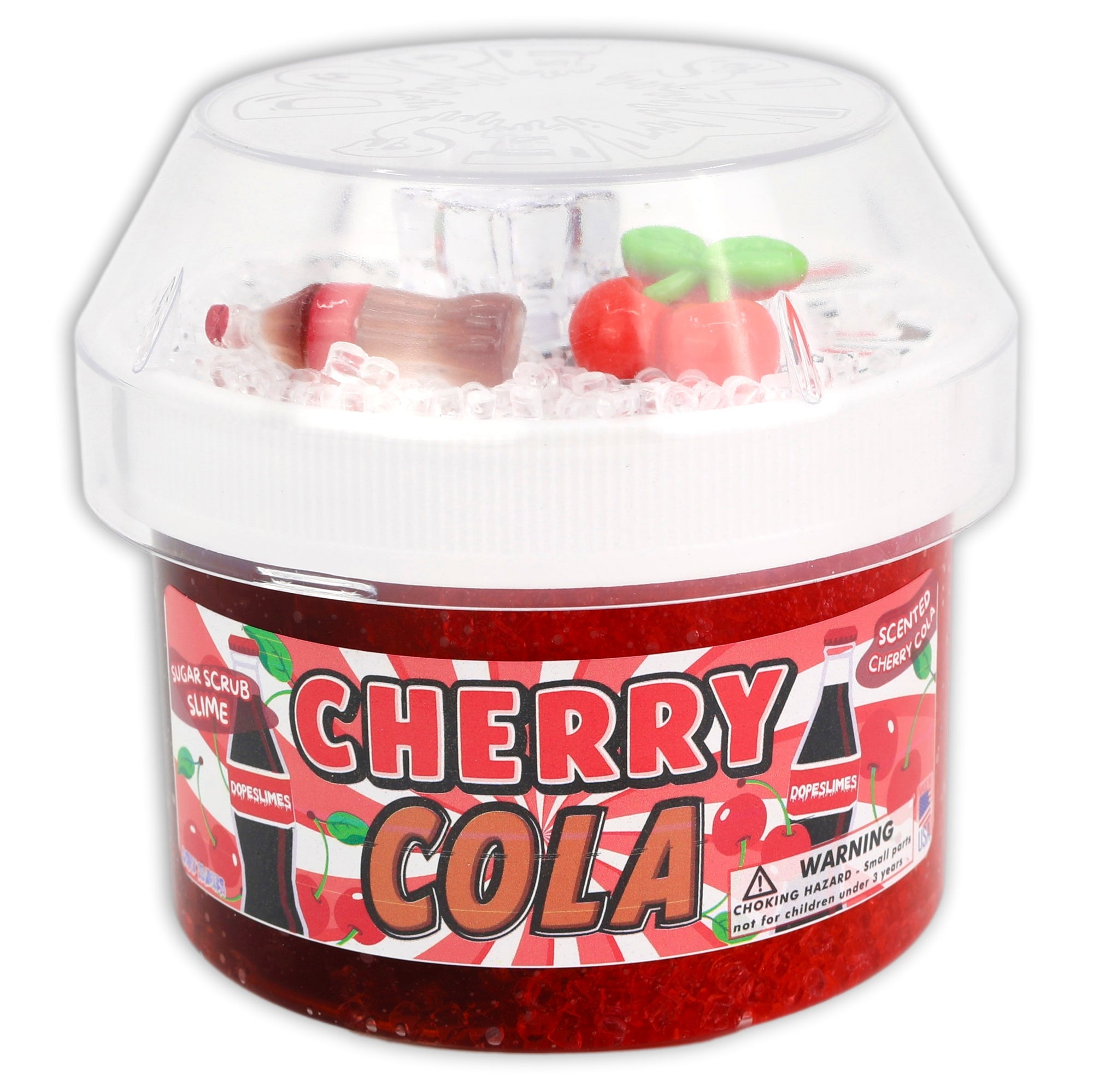 Jar of cherry cola slime with a clear lid on a white background