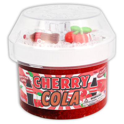 Jar of cherry cola slime with a clear lid on a white background