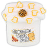 Indulge in a playful twist on a a favorite cereal with our Cinnamon Toast Puff! This white ultra soft butter slime is filled with brown glitters and scented like a sweet cinnamon sugar cereal. Topped with toast fimos and a cinnamon roll charm, it's a delicious sensory experience!