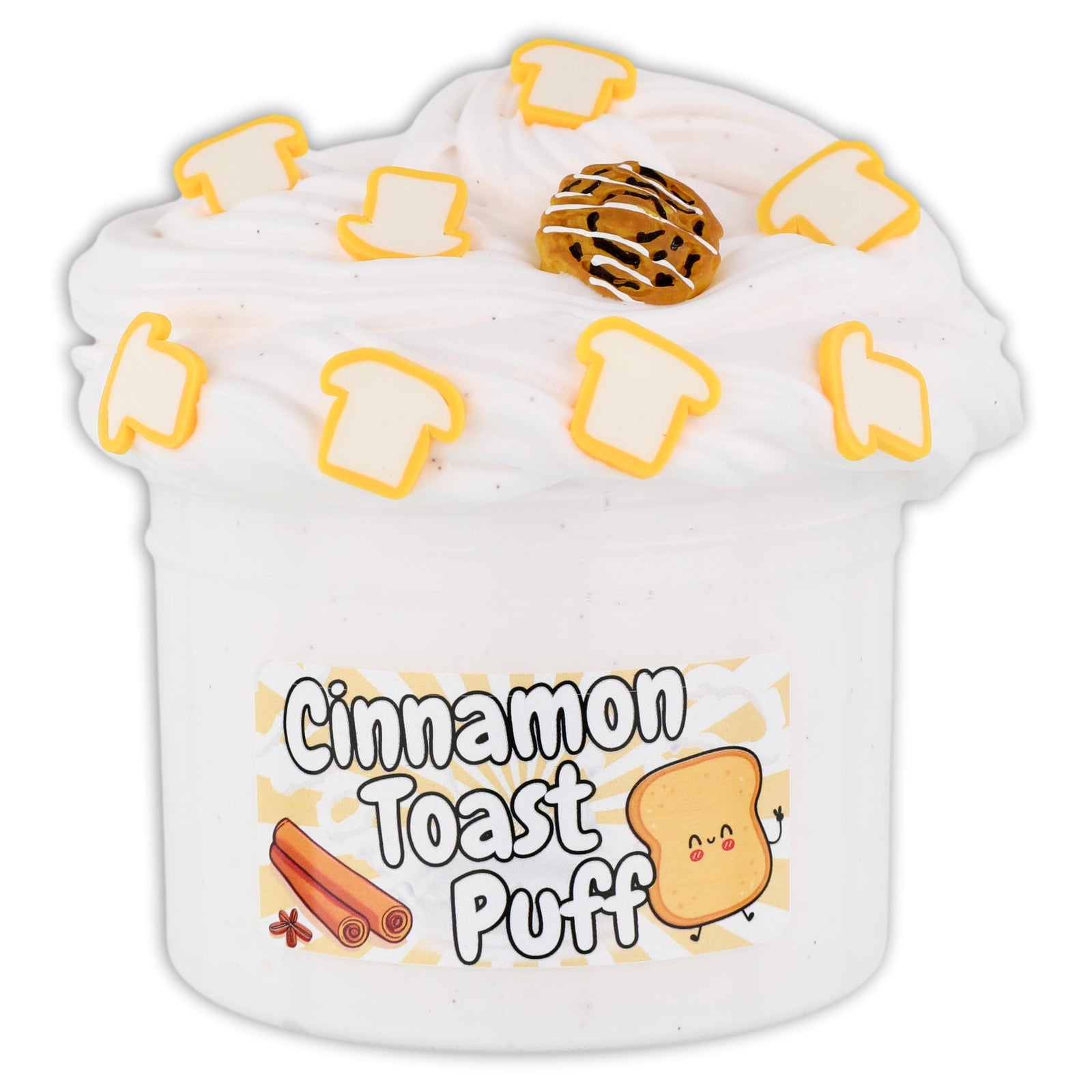 Indulge in a playful twist on a a favorite cereal with our Cinnamon Toast Puff! This white ultra soft butter slime is filled with brown glitters and scented like a sweet cinnamon sugar cereal. Topped with toast fimos and a cinnamon roll charm, it's a delicious sensory experience!