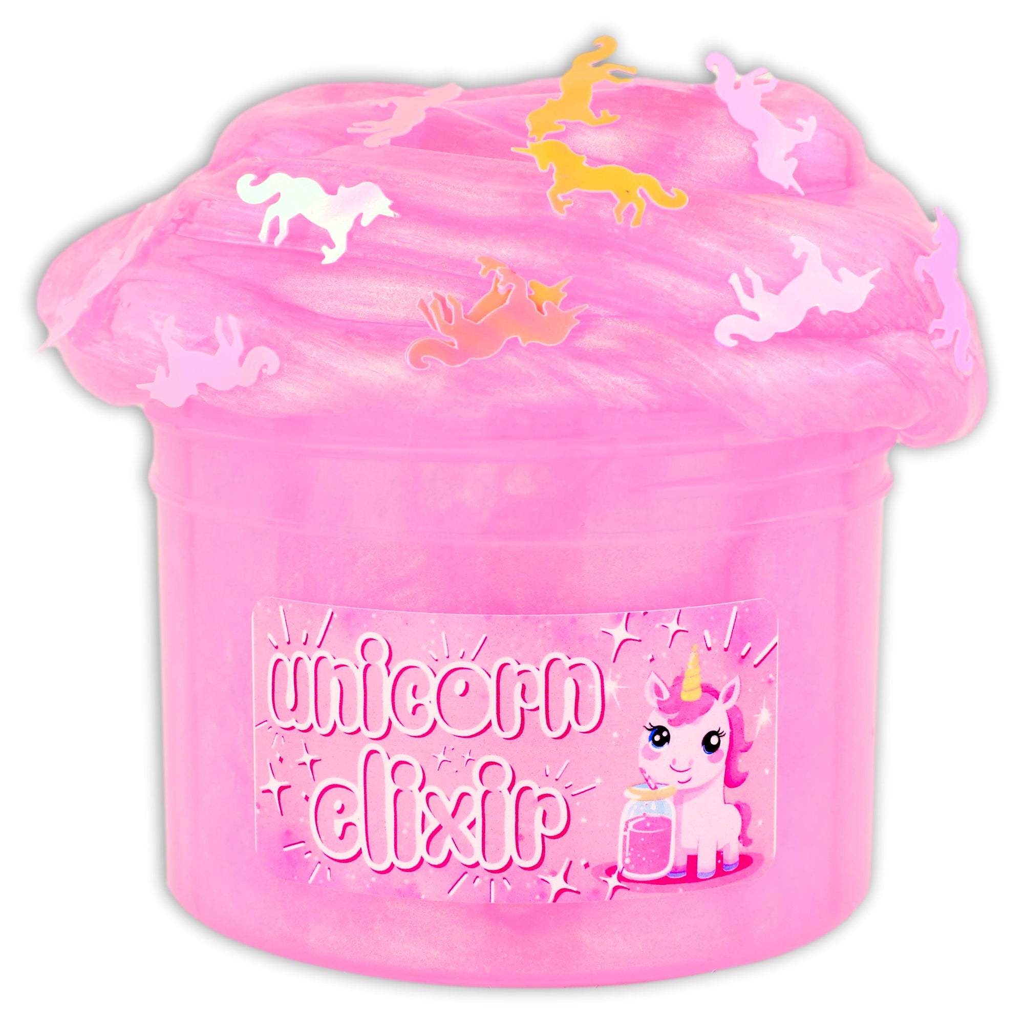 Unleash your inner unicorn with Unicorn Elixir! This pink pigmented clear slime not only sparkles with magical color shifts, but it's also topped with unicorn glitter for an extra touch of enchantment. Experience the magic for yourself! Unscented.