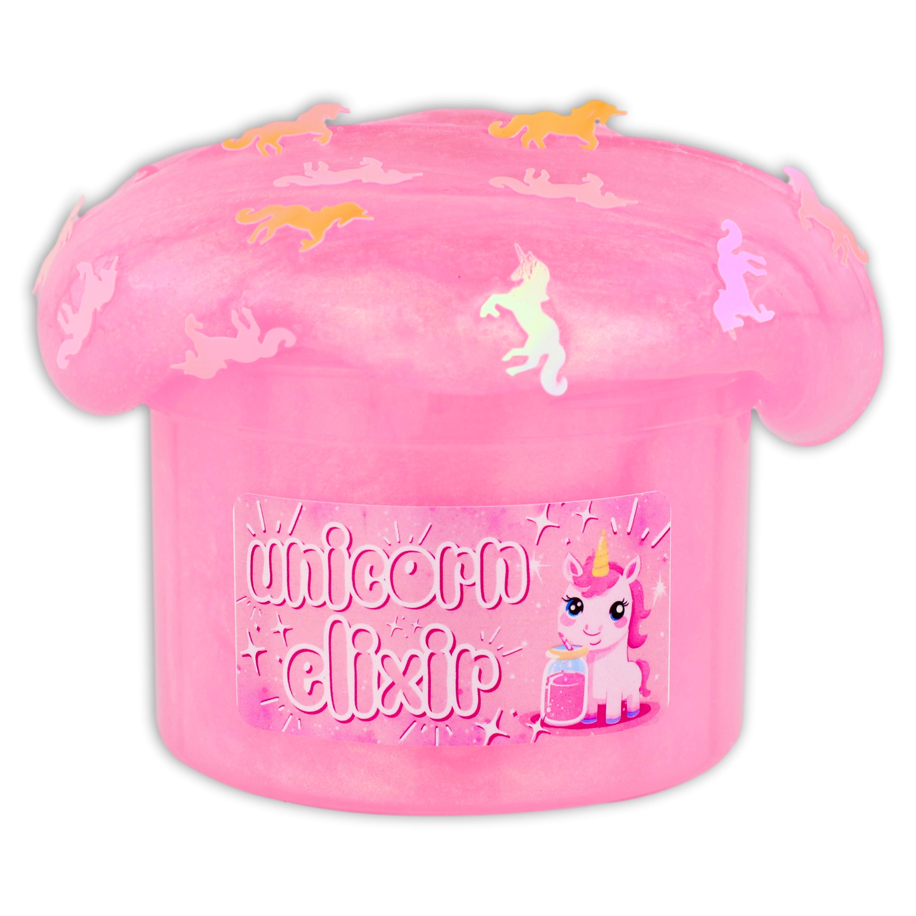 Unleash your inner unicorn with Unicorn Elixir! This pink pigmented clear slime not only sparkles with magical color shifts, but it's also topped with unicorn glitter for an extra touch of enchantment. Experience the magic for yourself! Unscented.