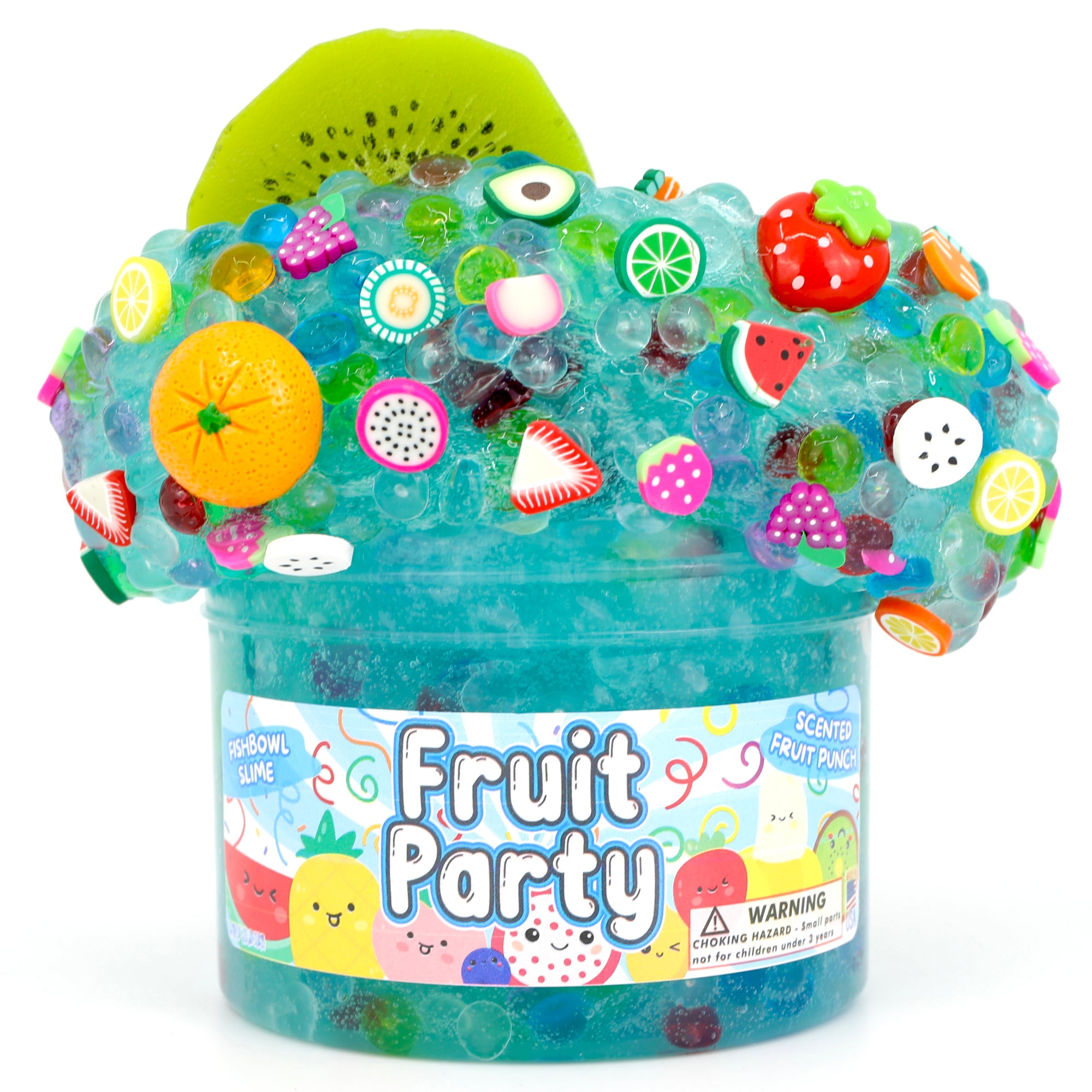 Toy slime Fruit Party filled with colorful fruit-themed items on a white background