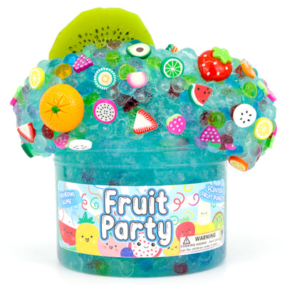 Toy slime Fruit Party filled with colorful fruit-themed items on a white background