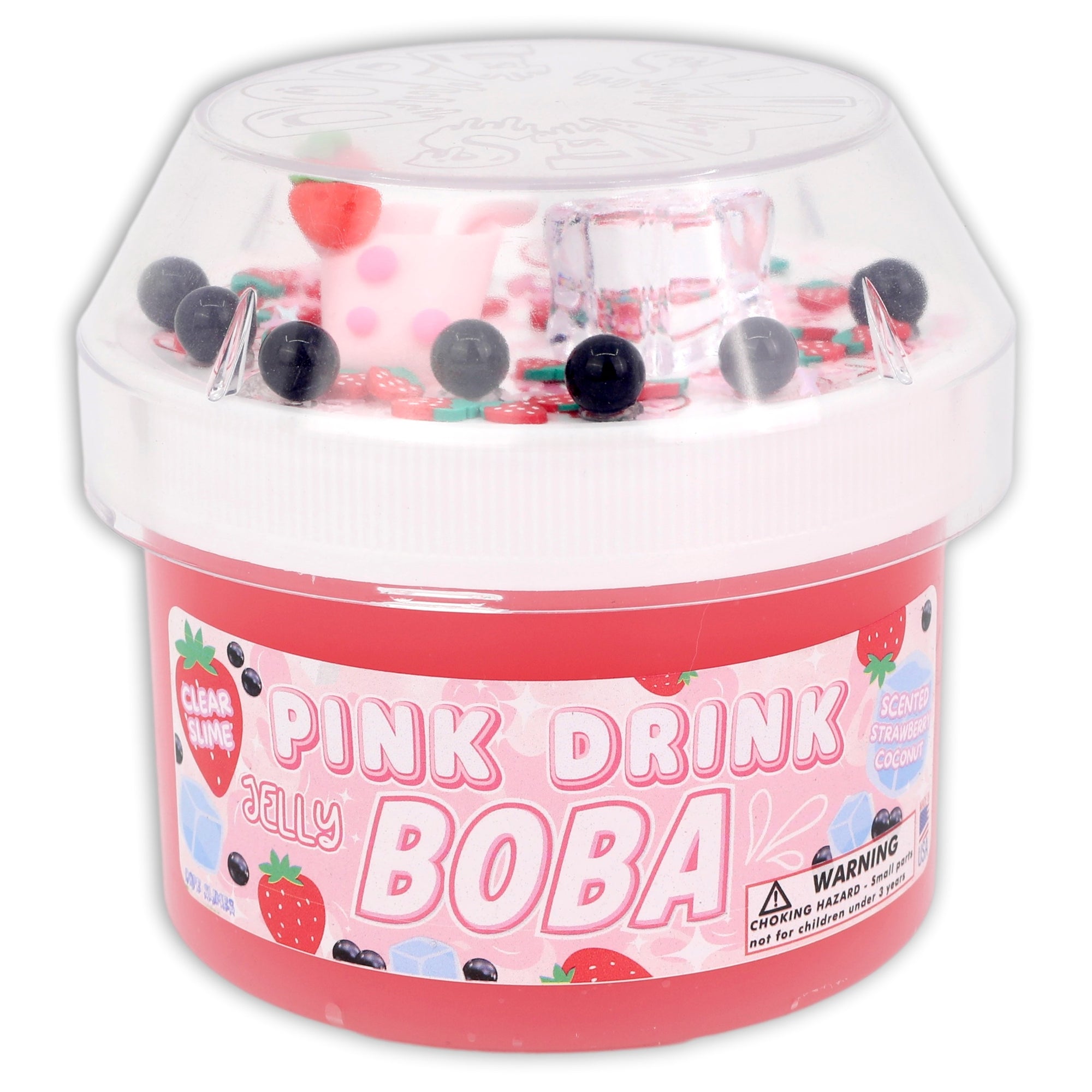 Pink drink boba slime with a clear lid on a white background