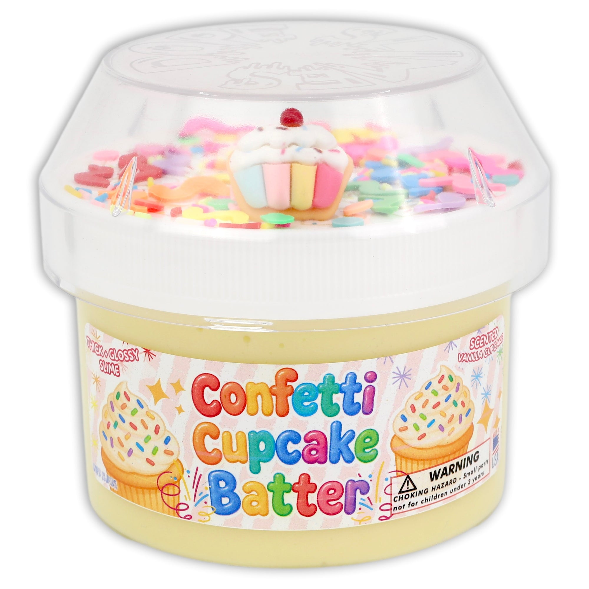 Jar of confetti cupcake batter slime with colorful sprinkles on a white background