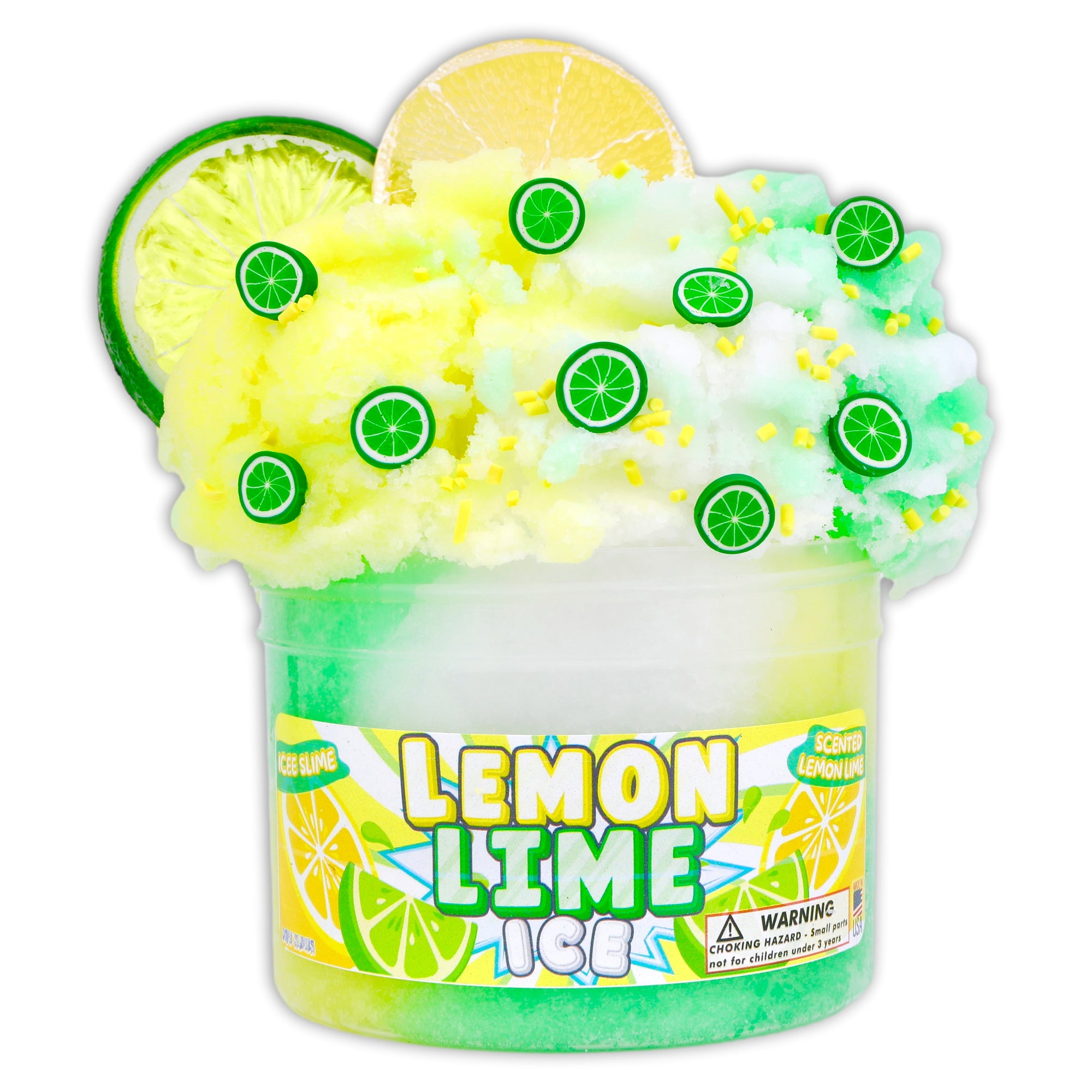 Lemon lime icee slime with lemon and lime slices on a white background