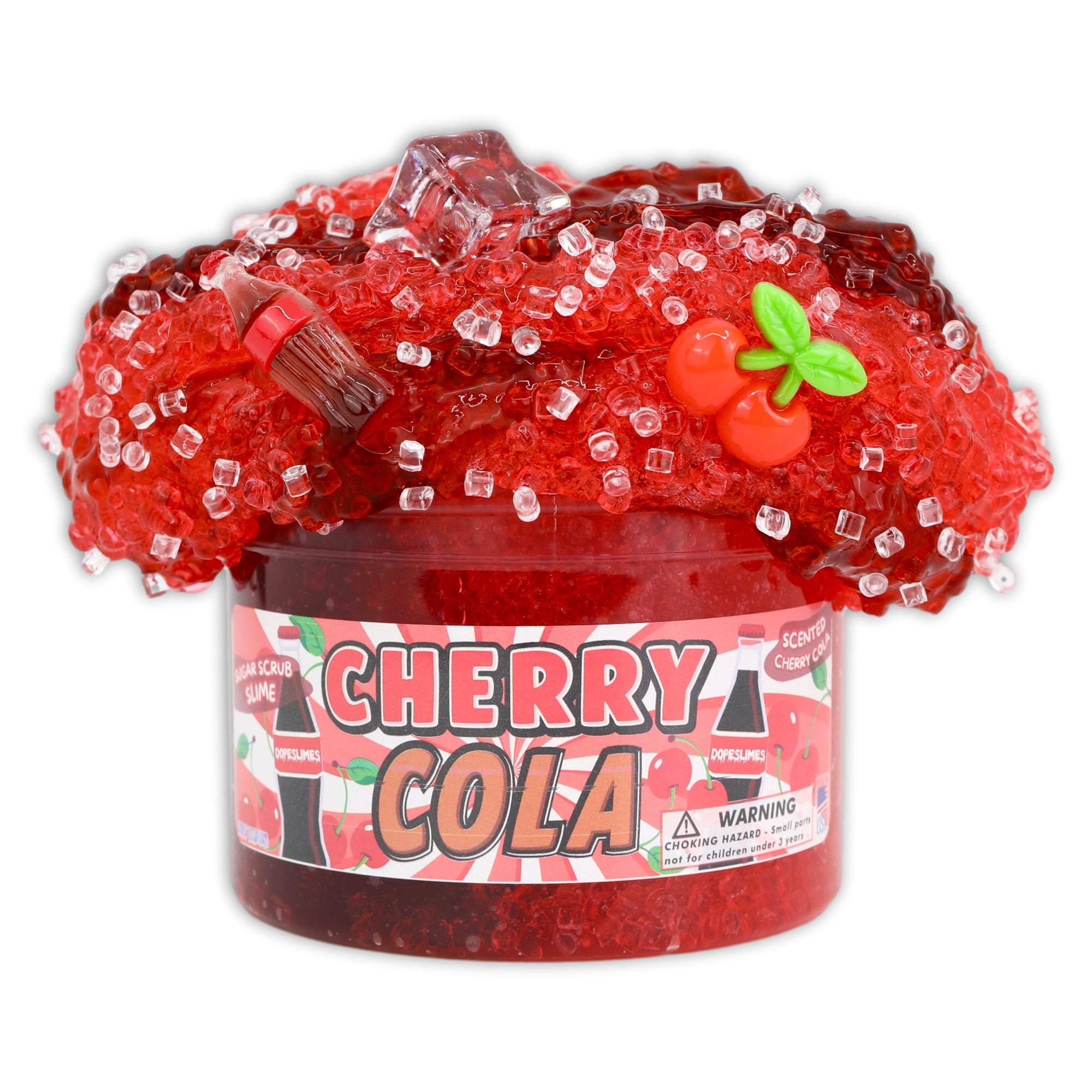 Jar of cherry cola gummy sugar scrub slime faux candy with a cherry on top