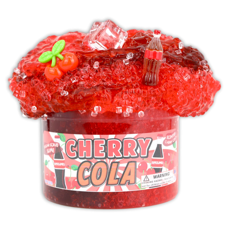 Jar of cherry cola slime with a clear lid on a white background
